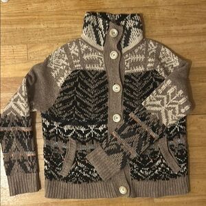 Free People Taupe Black Cream Patterned Wool-Blend Cardigan